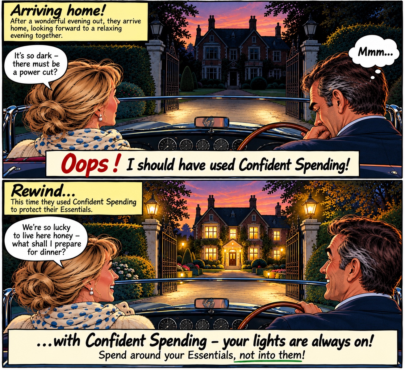An evening out. A dark house.