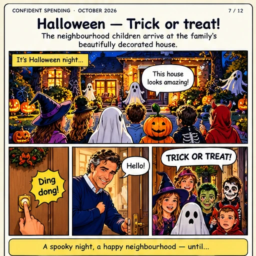 Illustrated Halloween comic strip, page 7